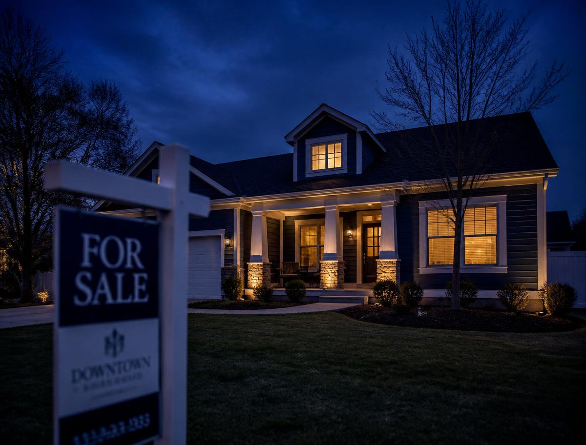 Suburban house at dusk with a for sale sign in the yard